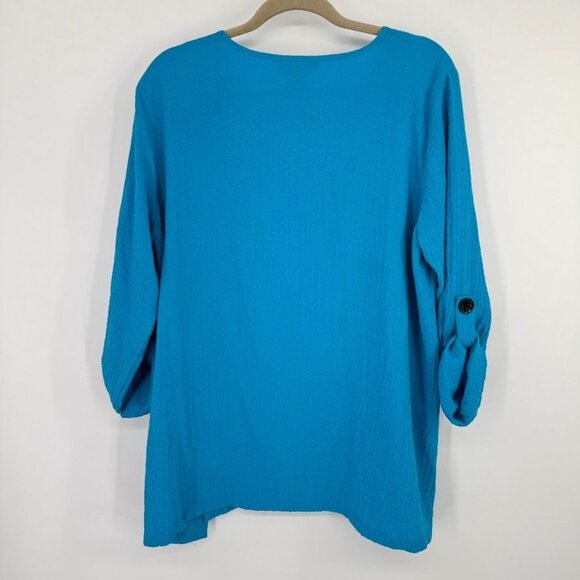 Ali Miles Womens Blue crinkle Tunic Top size large Button Detailing 3/4 sleeve - Picture 10 of 13